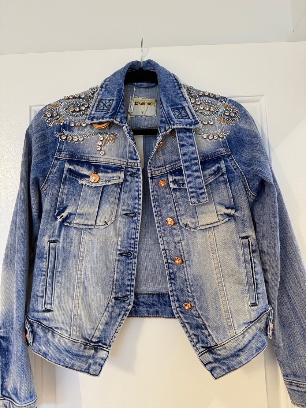 Embellished Stone Washed Denim Jacket - Blue